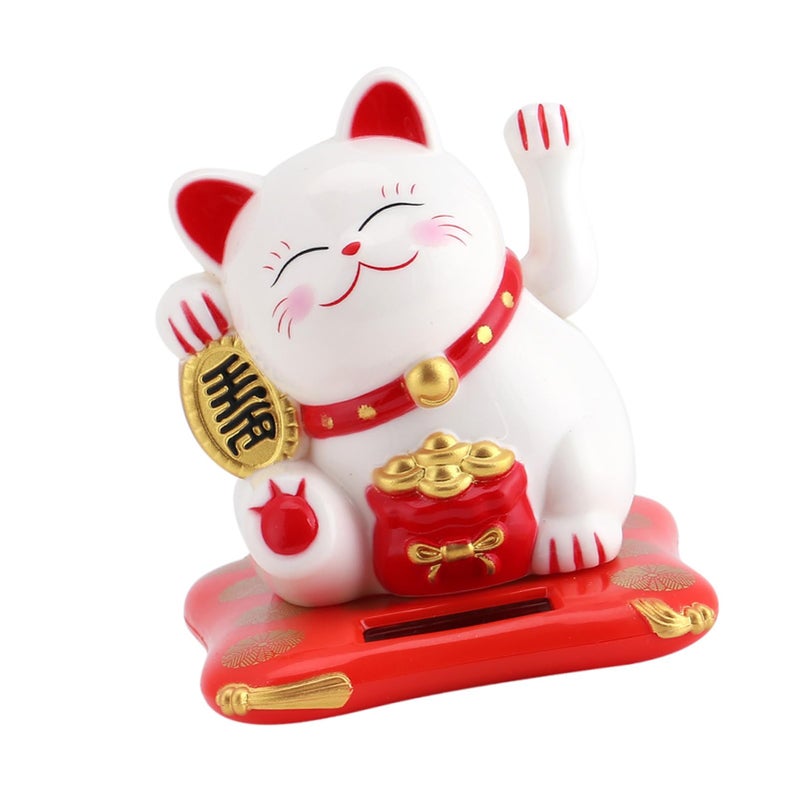 Hongzer Solar Powered Cute Waving Cat, Maneki Neko Waving Arm for Fortune Money and Good Luck, Fengshui Lucky Cat Swinging Arm for Home Display/Car Decor (White) - Image 3